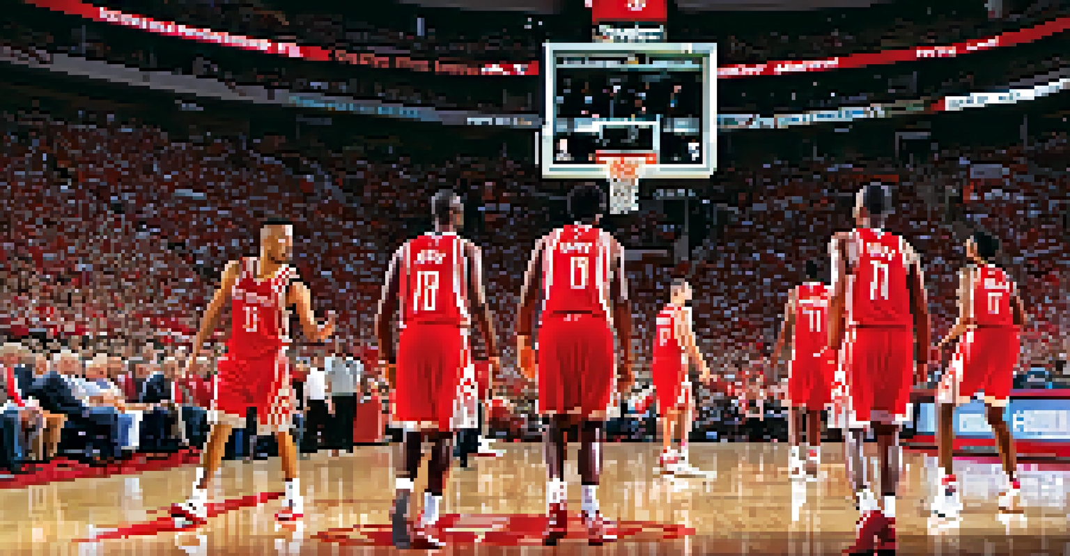A basketball game at Toyota Center with players in action and a cheering crowd.