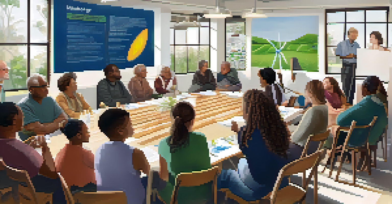 A community workshop with residents discussing renewable energy, surrounded by posters and natural light.