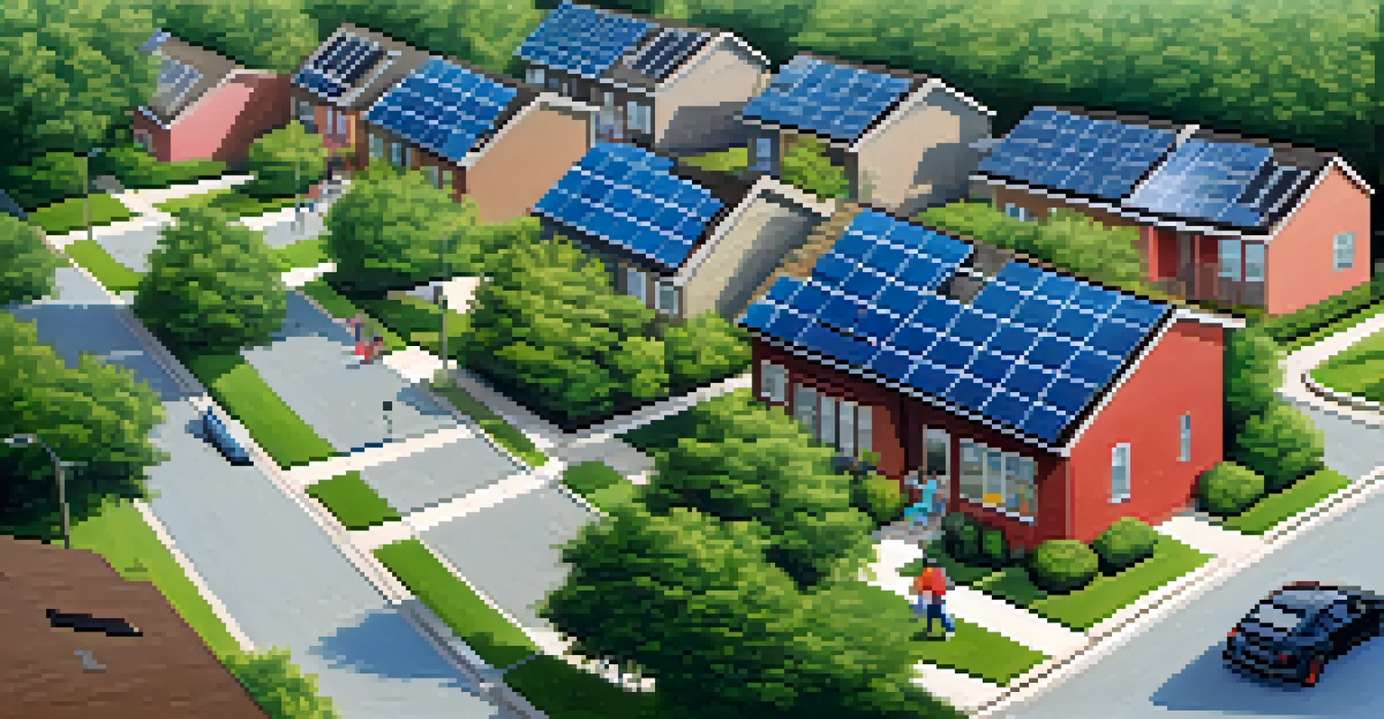 An aerial view of Houston with solar panels on rooftops and neighbors collaborating in a park.