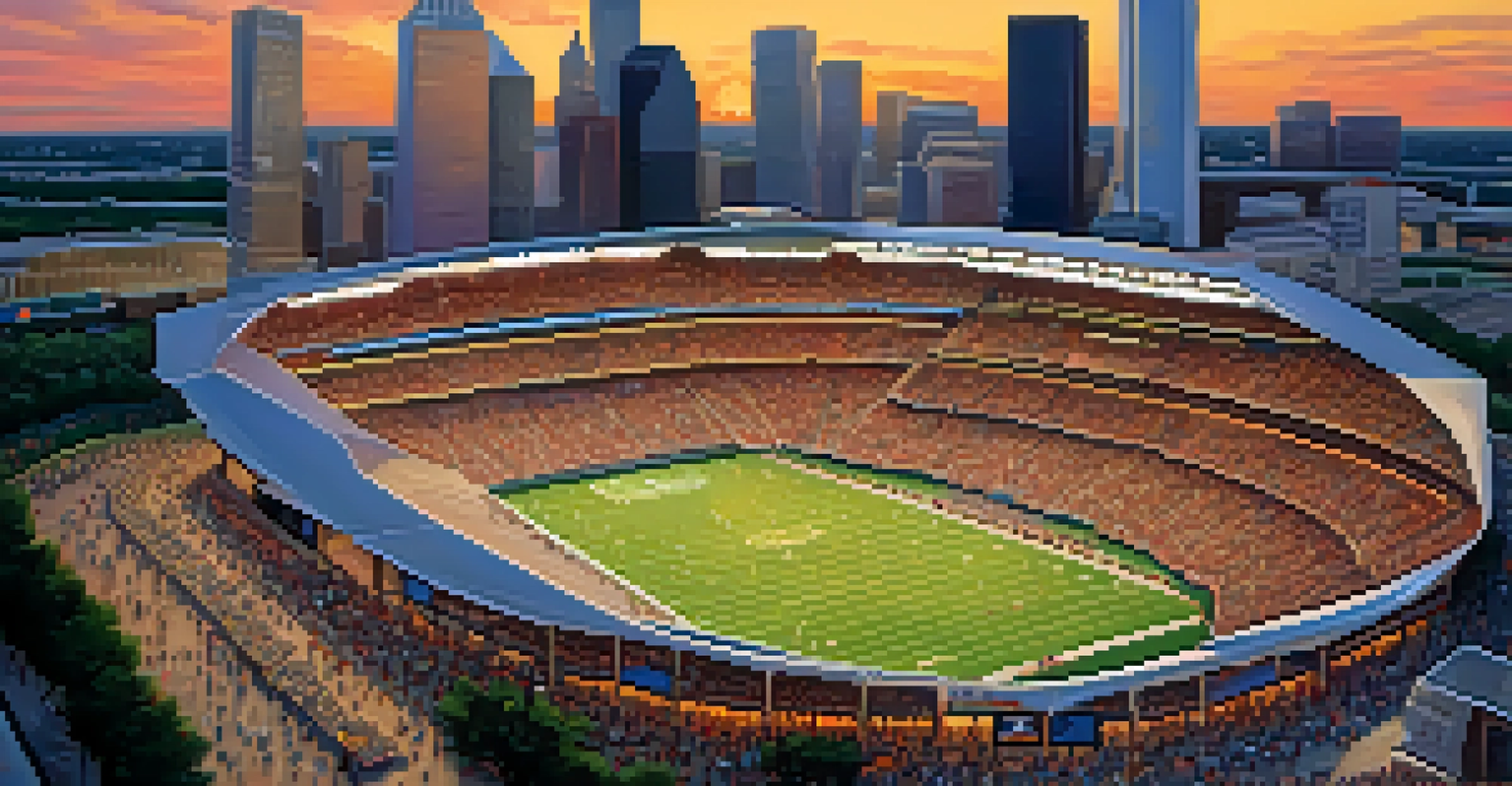 Aerial view of Houston's skyline during a sporting event, with a stadium full of fans and a vibrant sunset in the background.