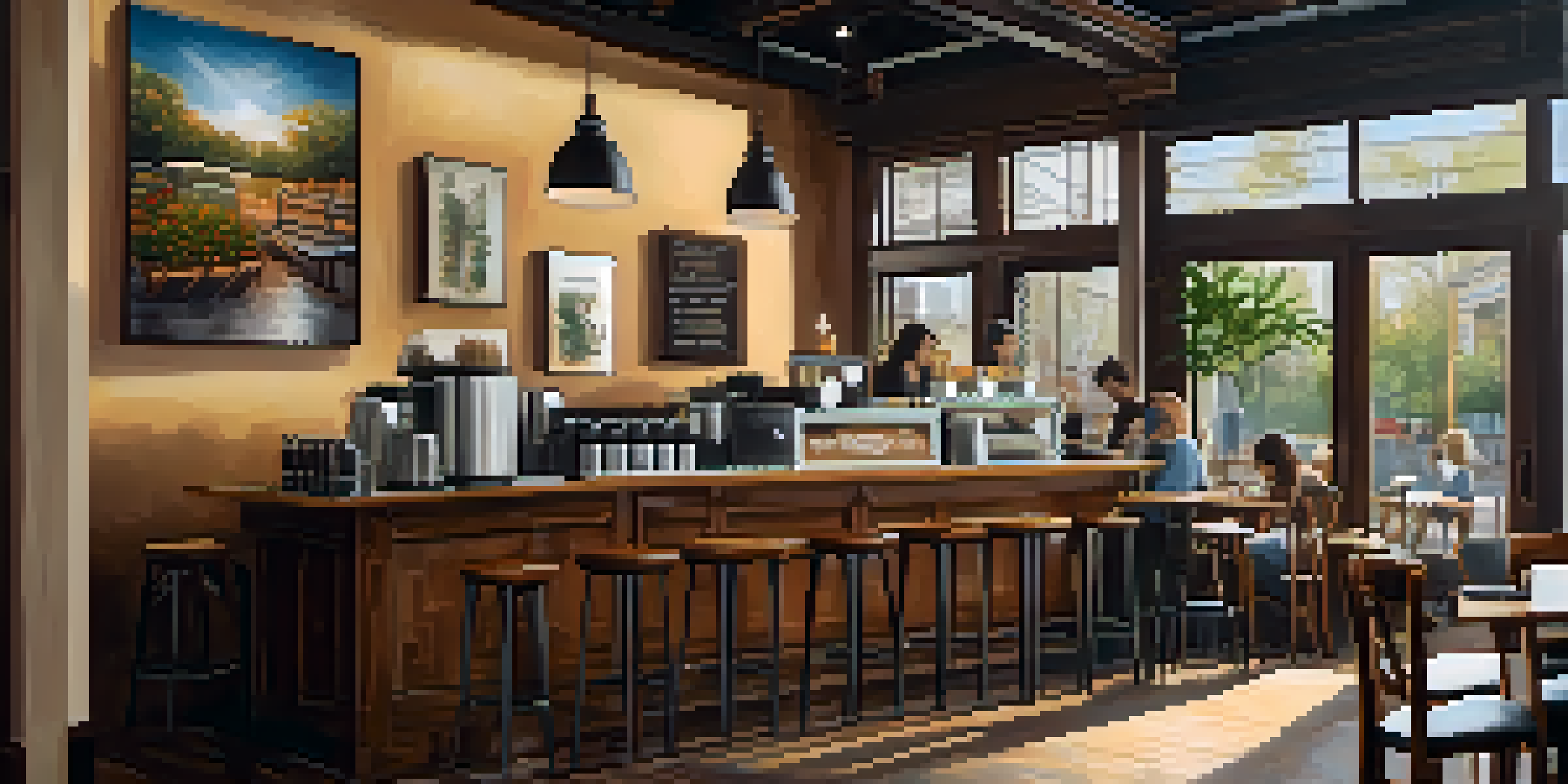 A warm and inviting coffee shop in Houston with rustic furniture, sunlight streaming through windows, and a barista making latte art.