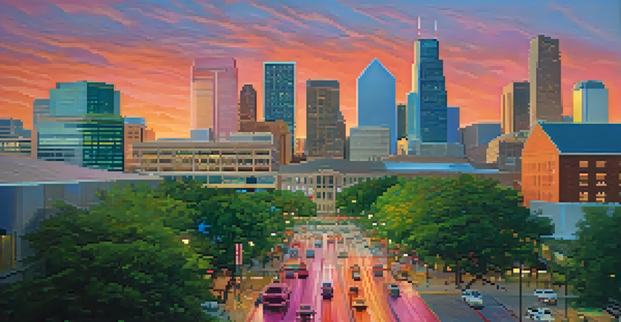 A colorful sunset over the Houston skyline with skyscrapers and parks.