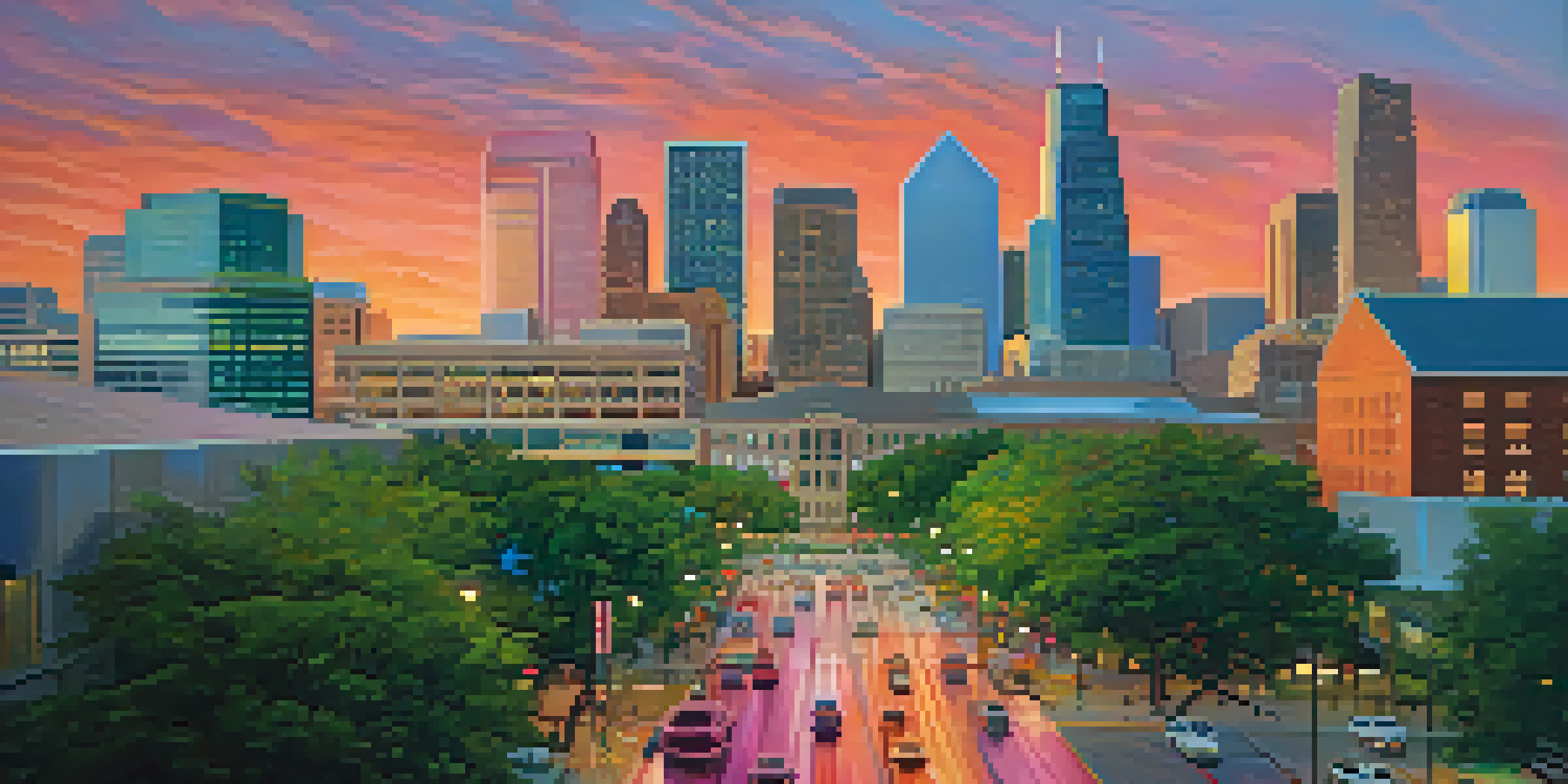 A colorful sunset over the Houston skyline with skyscrapers and parks.
