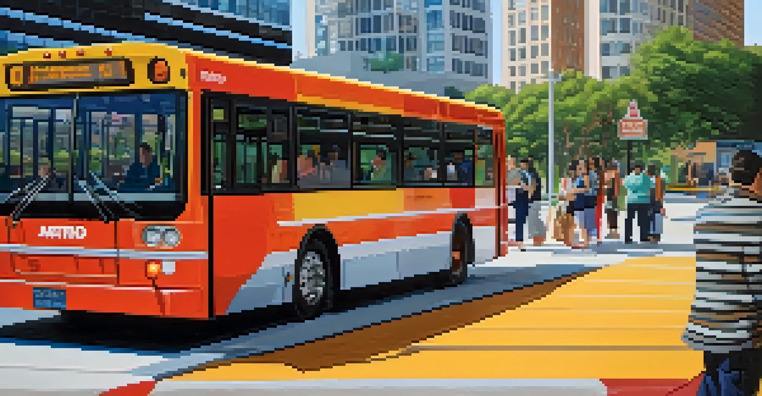A close-up of a METRO bus at a transit stop in Houston, featuring diverse commuters and a focus on accessibility.