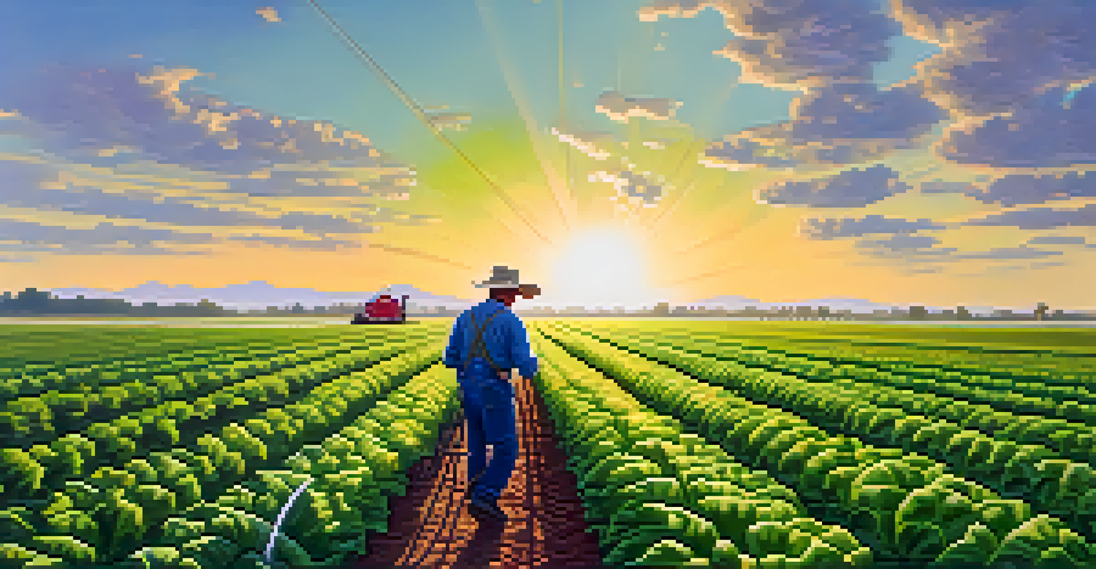 A farmer managing an irrigation system in a Texas field, surrounded by healthy crops and a clear blue sky.
