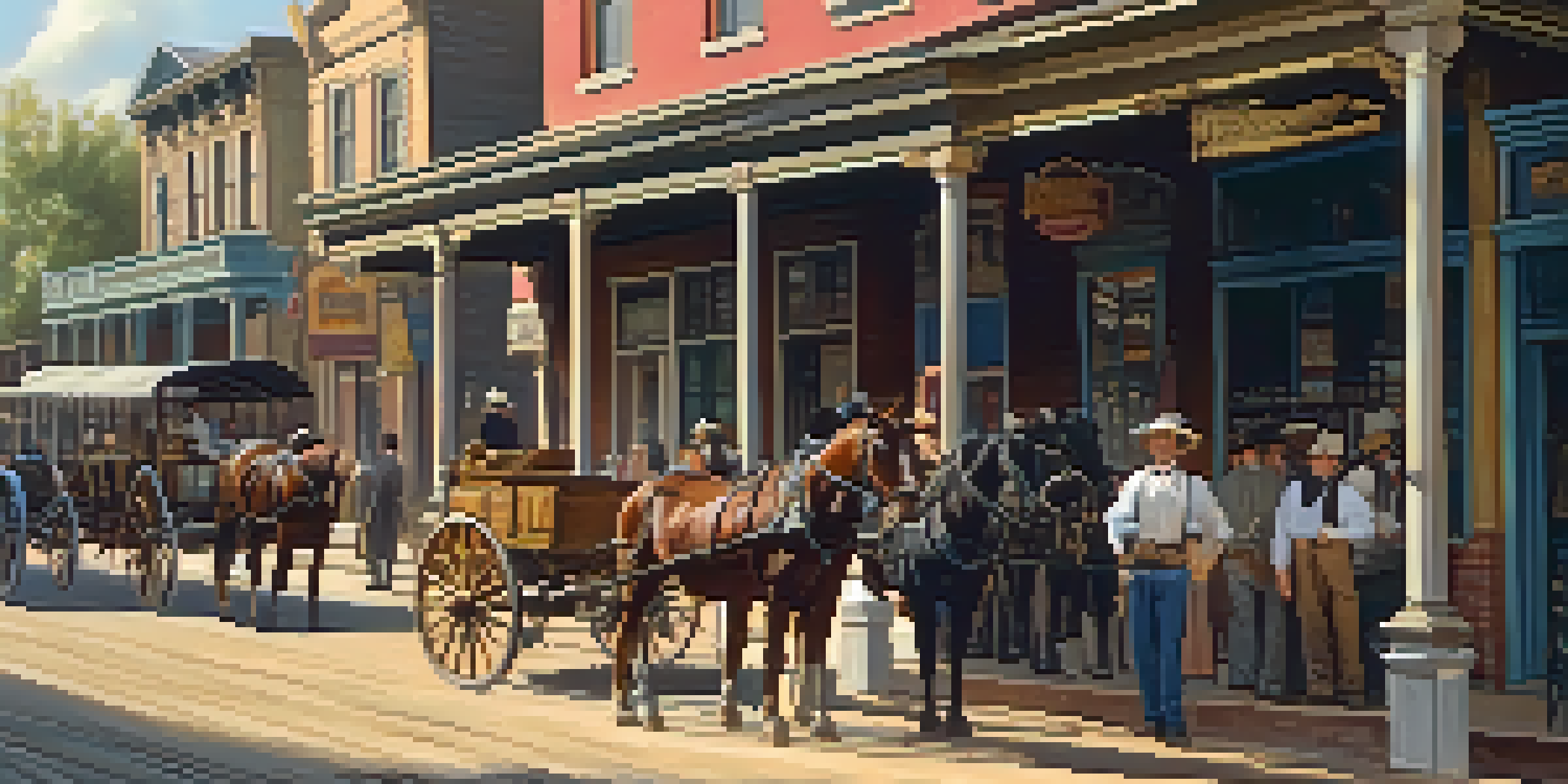A historical street scene in late 1800s Houston with wooden storefronts, horse-drawn carriages, and people in period clothing under warm sunlight.