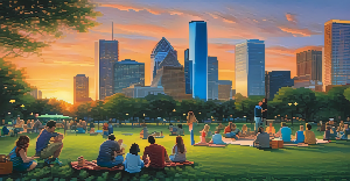 A panoramic view of Houston's skyline at sunset, with families having a picnic in a park and city lights glowing in the background.