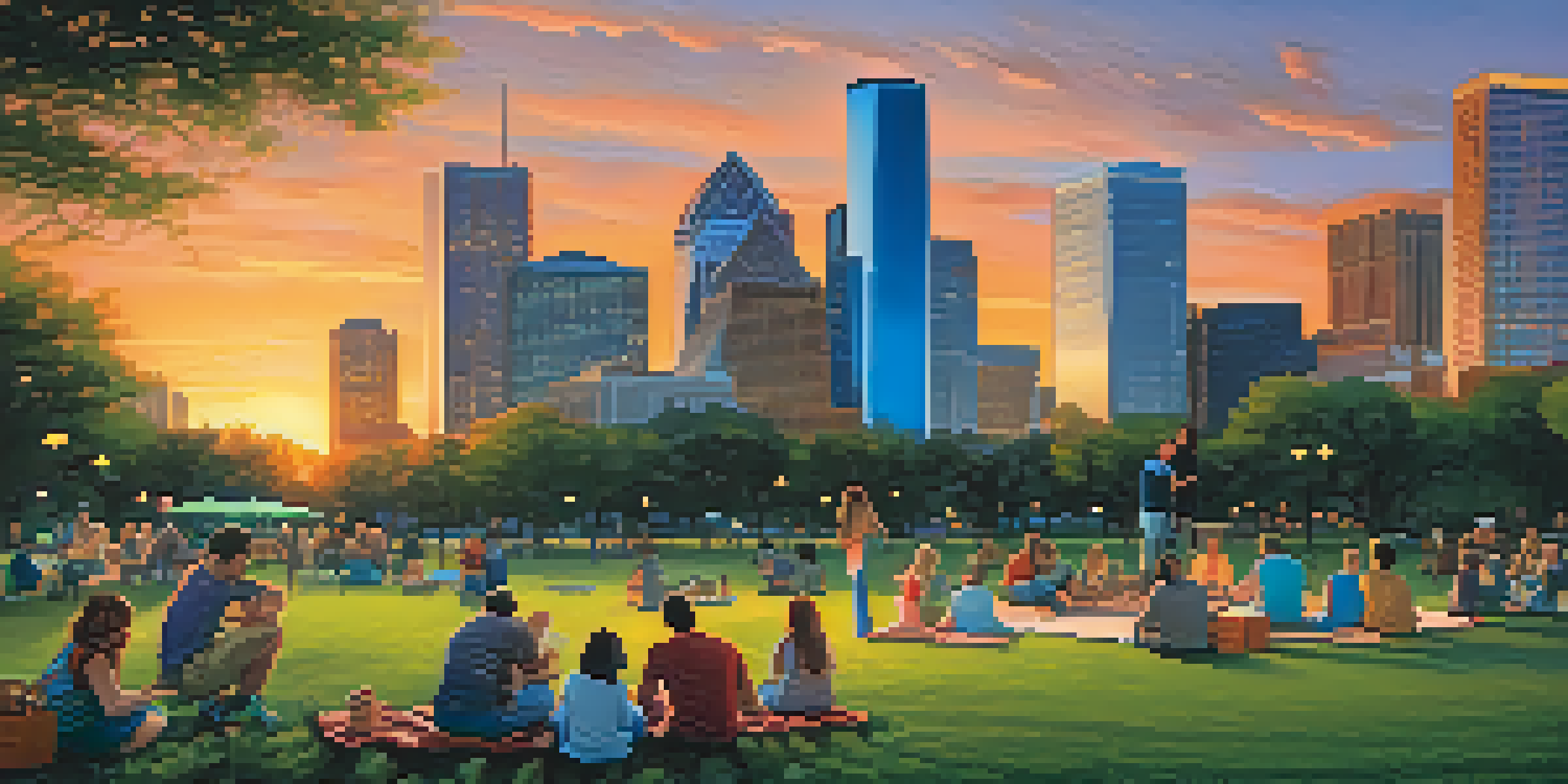 A panoramic view of Houston's skyline at sunset, with families having a picnic in a park and city lights glowing in the background.