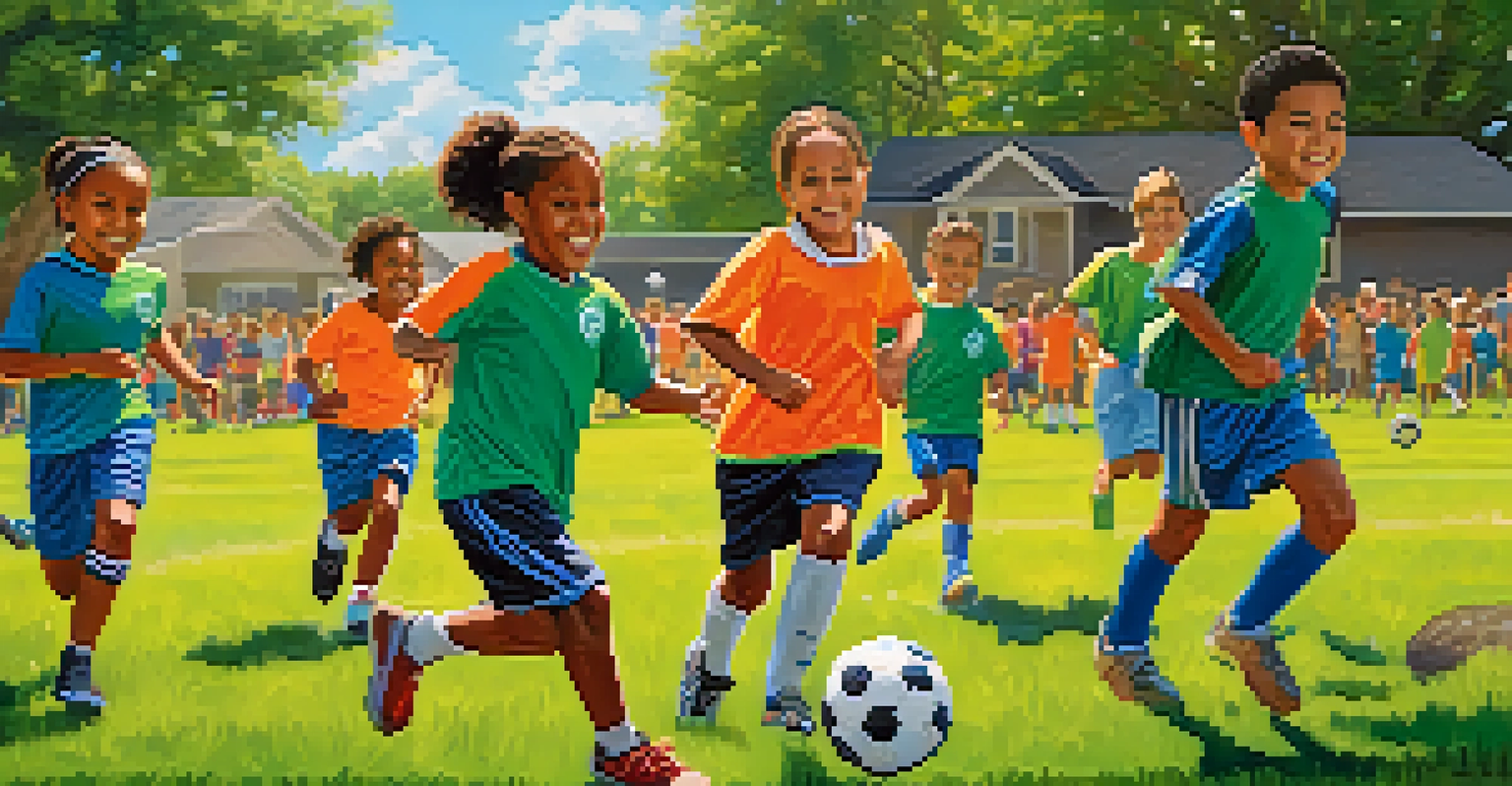 Children playing soccer in a local Houston park, with families cheering from the sidelines under a bright sunny sky.