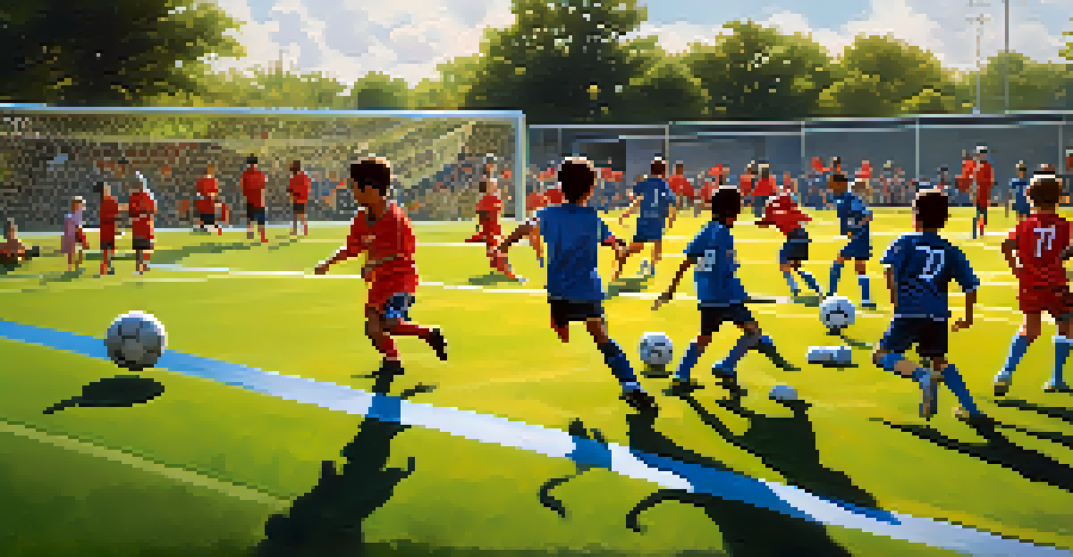 Youth soccer players competing on a vibrant field at a sports complex in Houston.