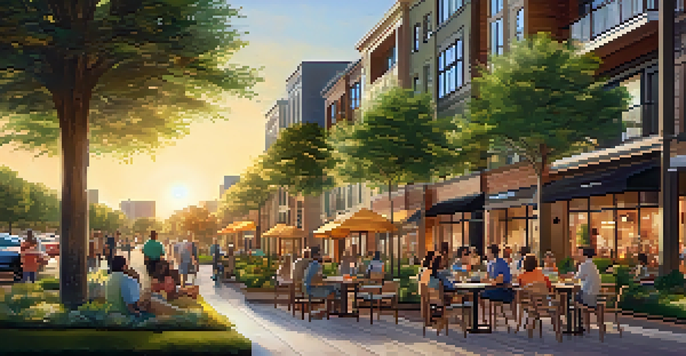 A lively urban scene in Houston featuring mixed-use developments with residential areas, shops, and parks, under a warm sunset sky.