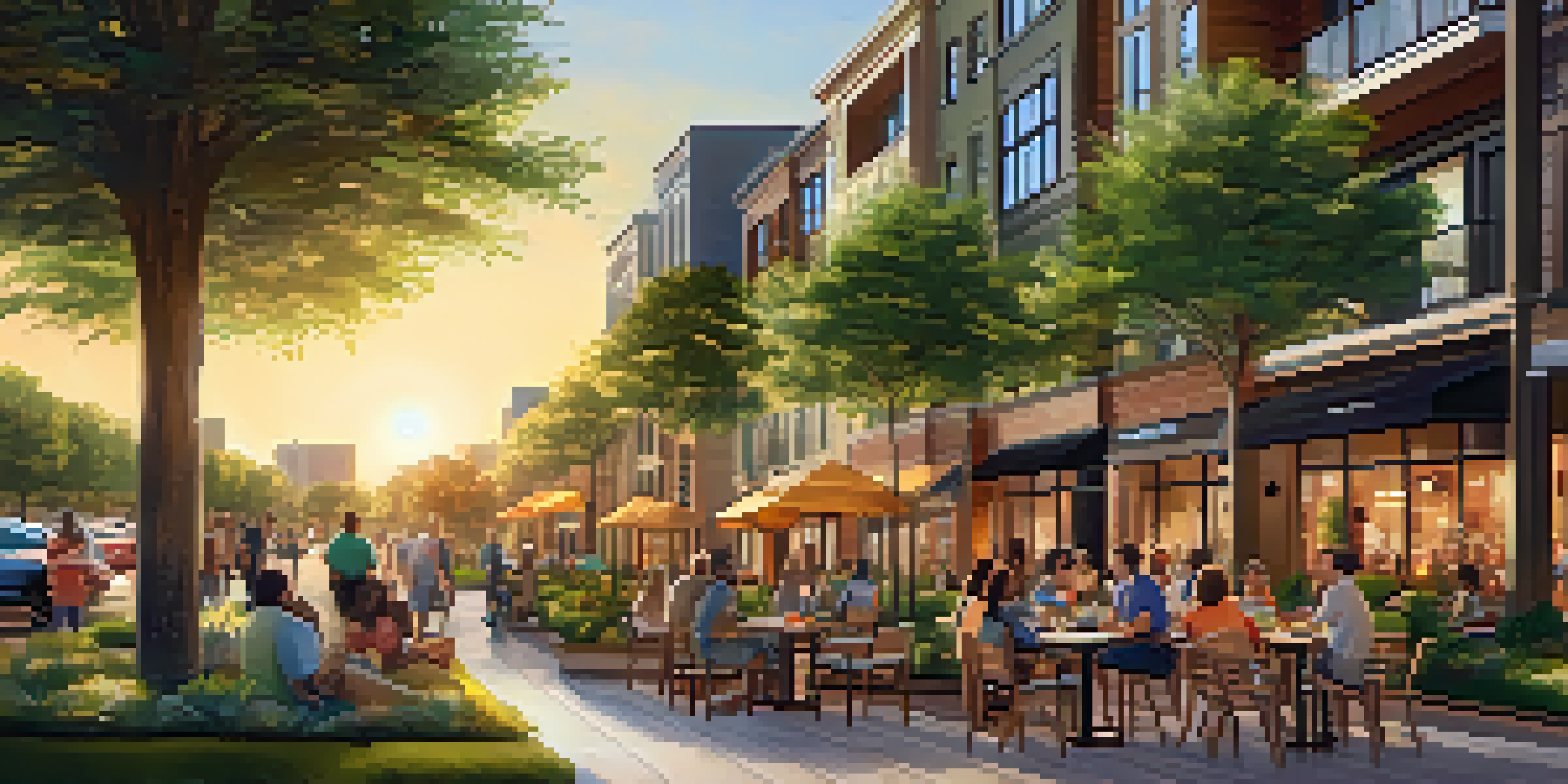 A lively urban scene in Houston featuring mixed-use developments with residential areas, shops, and parks, under a warm sunset sky.