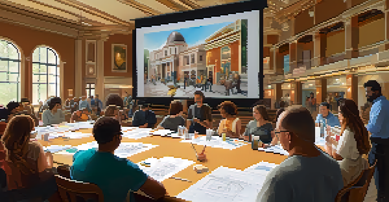 A community workshop in a historic theater, with diverse people working together and historical images displayed.