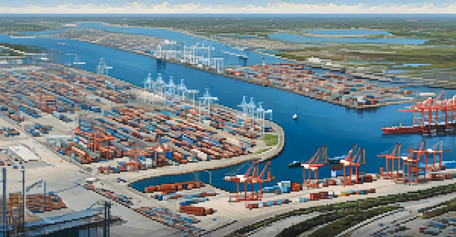 Aerial view of the Port of Houston with cargo ships and cranes, showcasing its vast infrastructure.