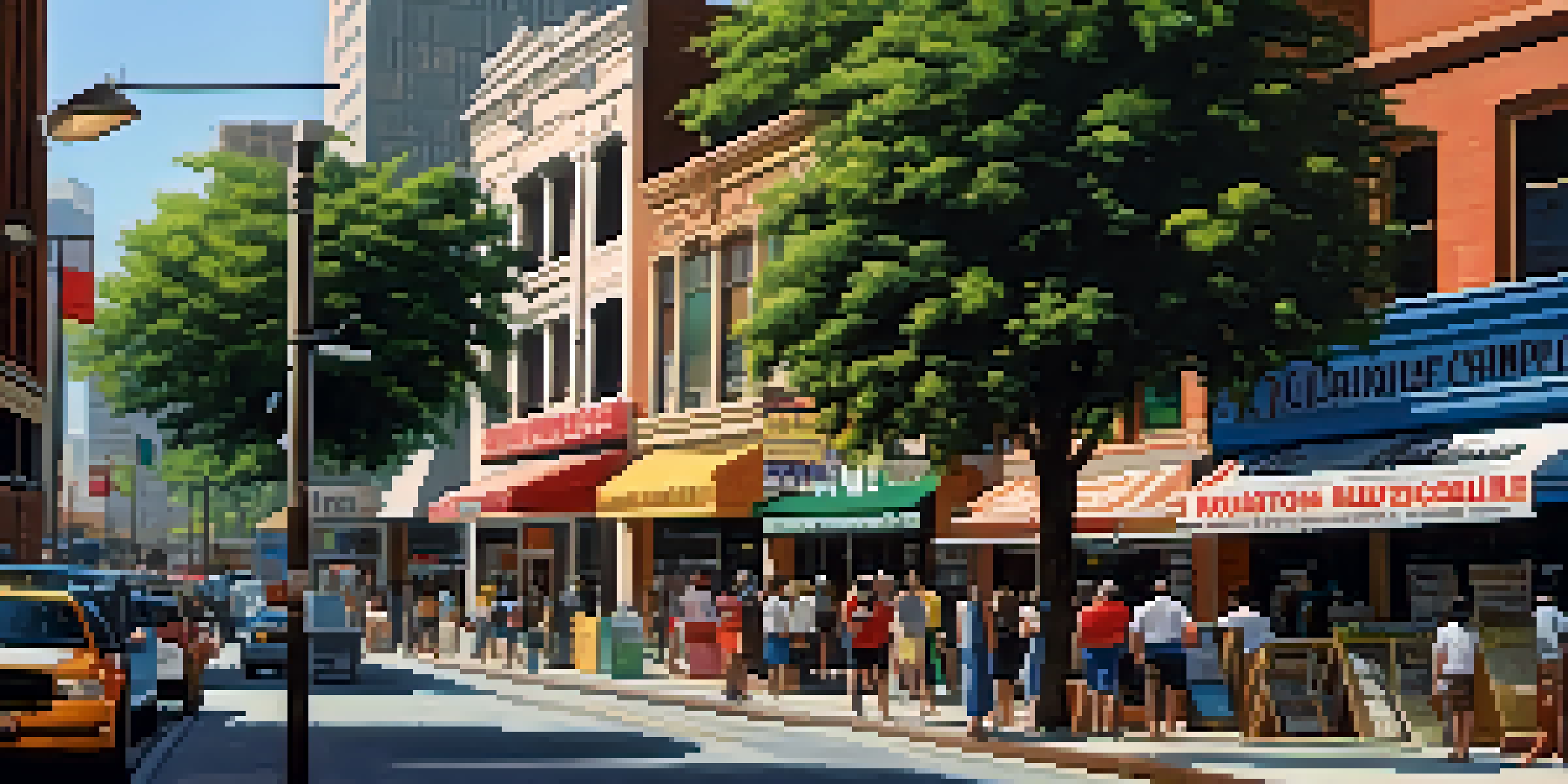 A lively street scene in Houston with diverse newspaper stands and people browsing through various publications, surrounded by greenery and historic buildings.