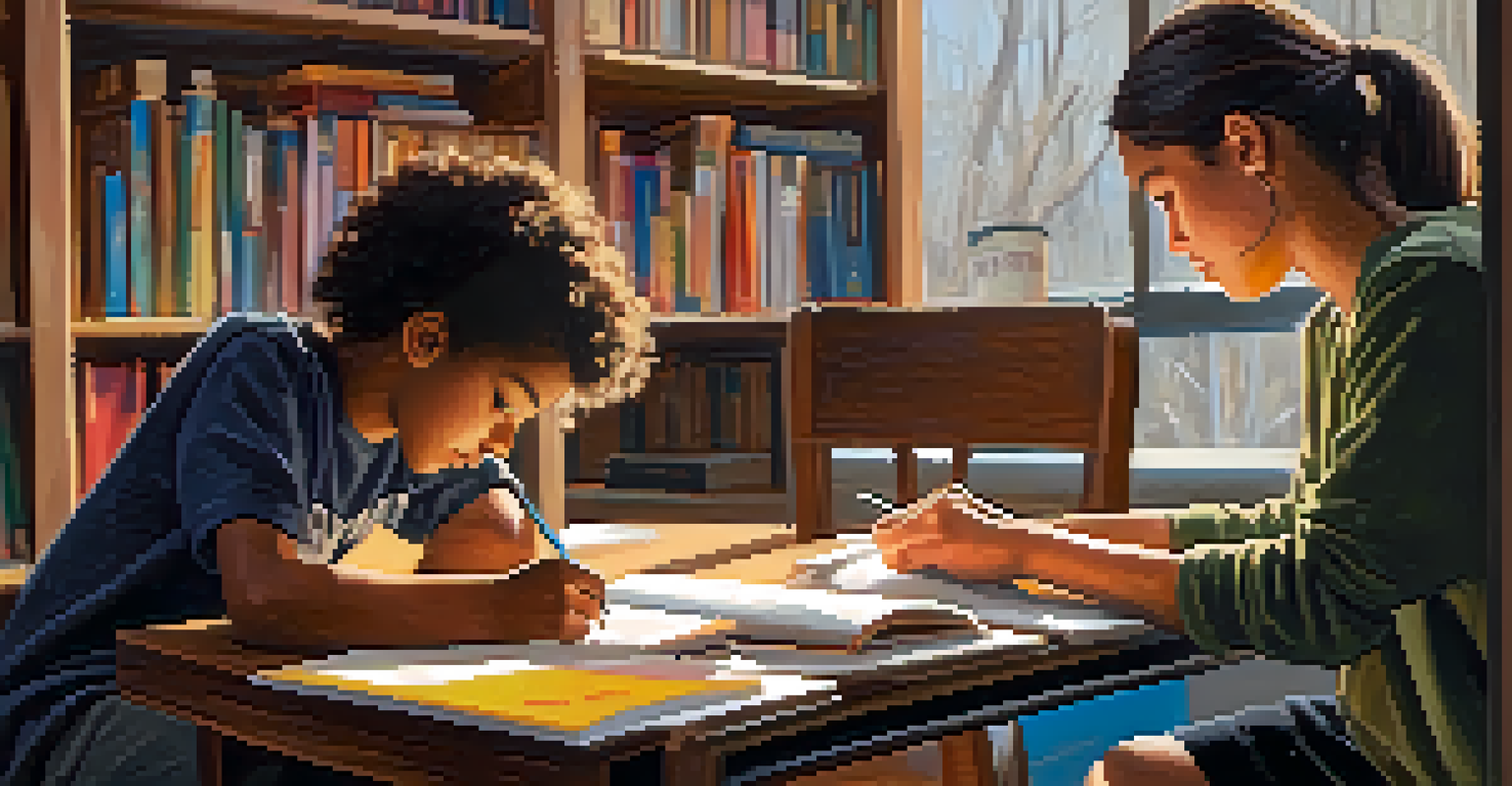A high school student tutoring a younger child in a cozy, well-lit room filled with books and educational materials.