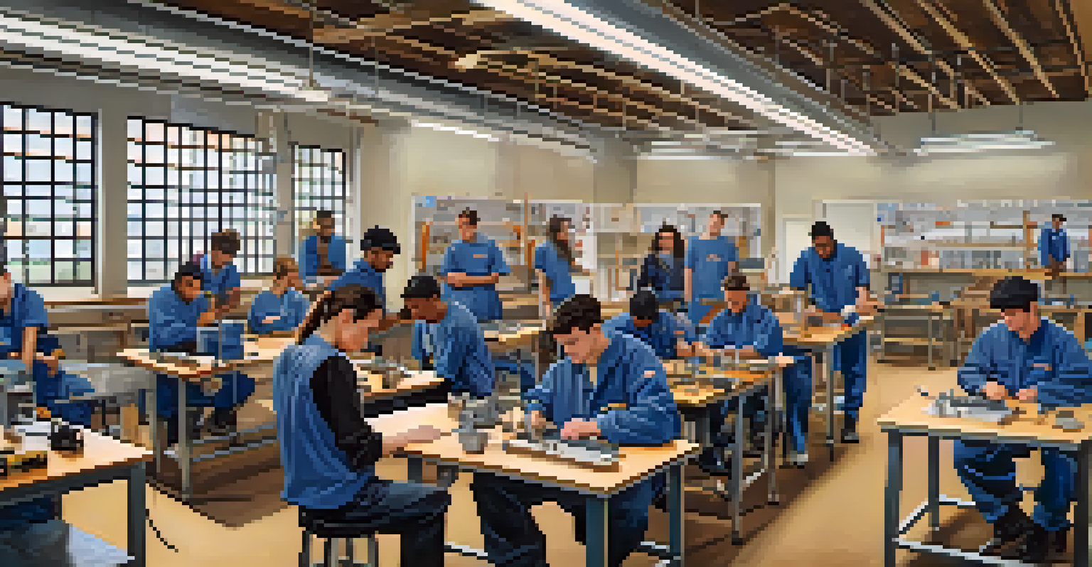 Students receiving vocational training in a community college workshop, learning plumbing and electrical skills.
