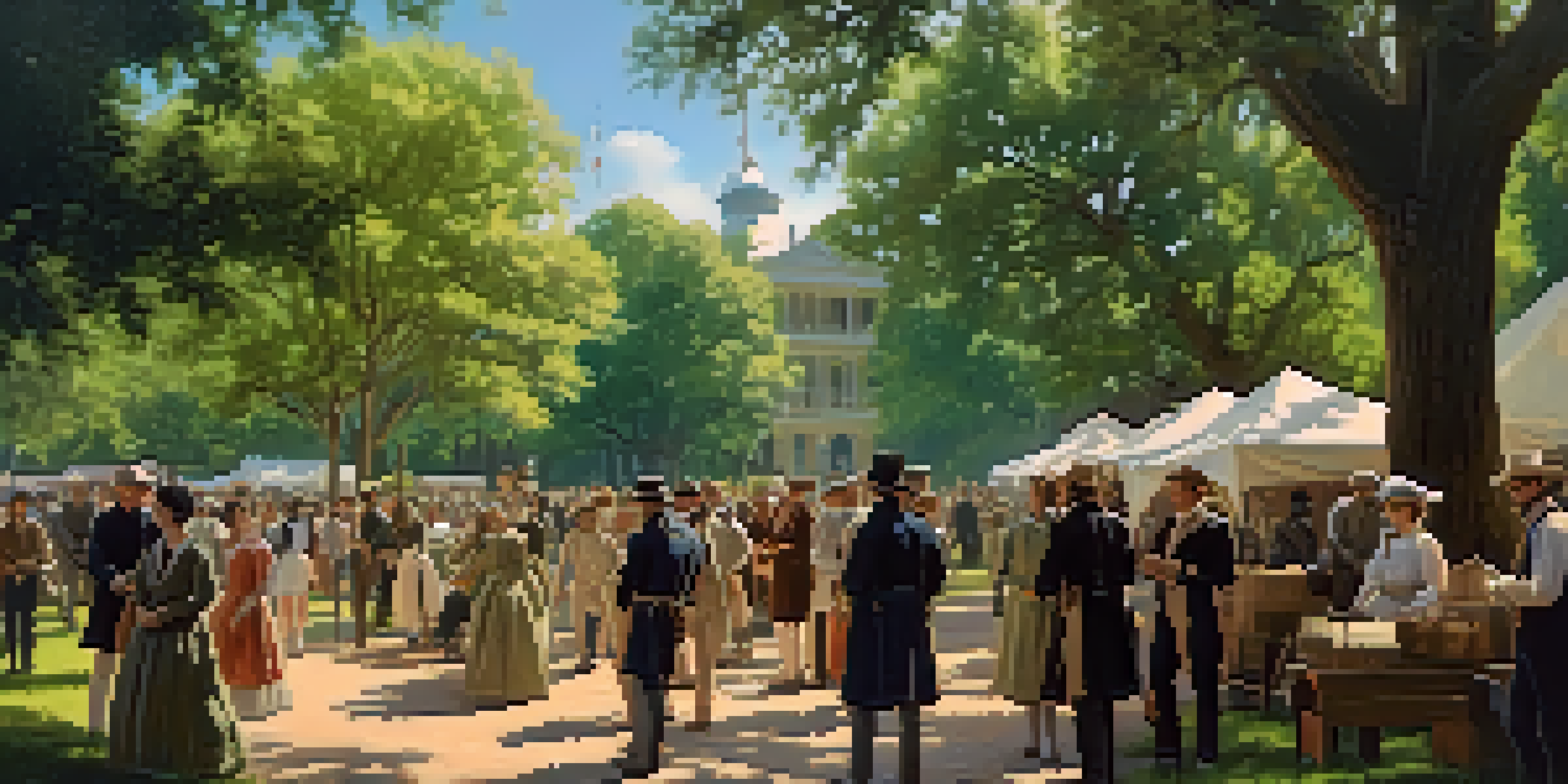 A historical reenactment in a park with actors dressed in 19th-century clothing, surrounded by historic buildings and greenery.