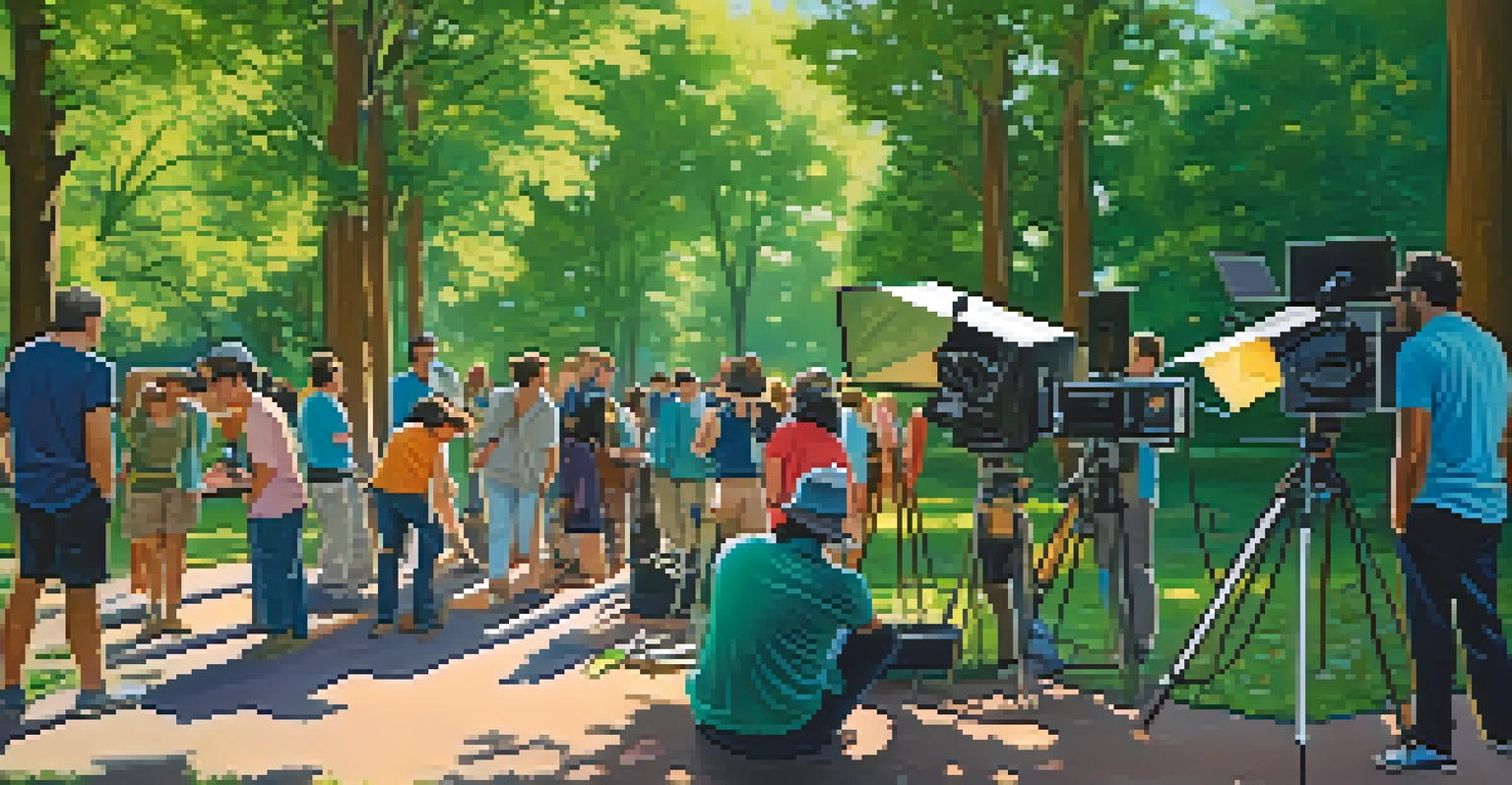 Diverse film crew setting up an outdoor shoot in a Houston park, surrounded by greenery and film equipment.