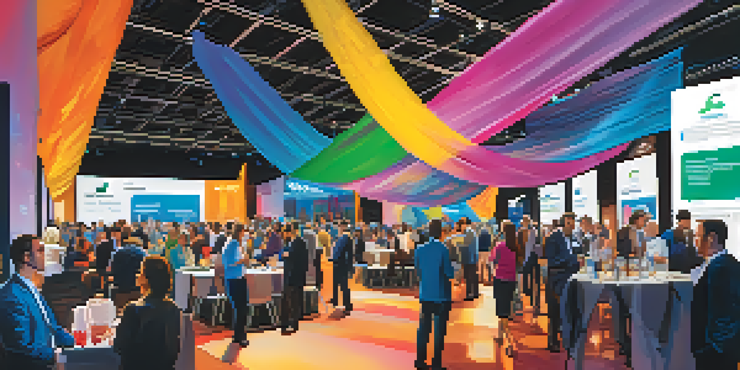 A vibrant networking event with diverse attendees discussing technology in a well-lit hall filled with booths and colorful banners.
