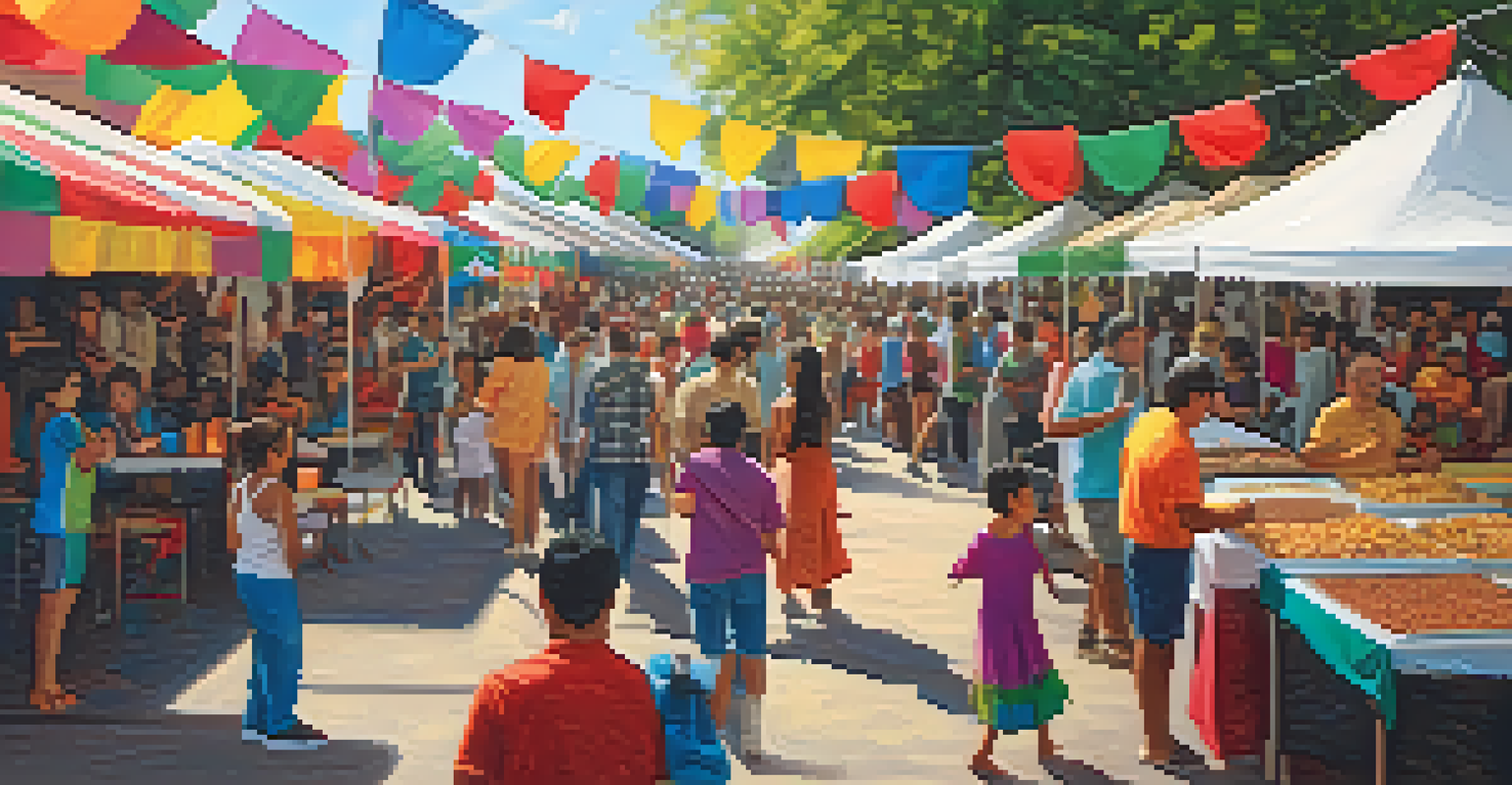 A lively community festival in Houston showcasing cultural diversity with food stalls, music, and families celebrating together under the sun.