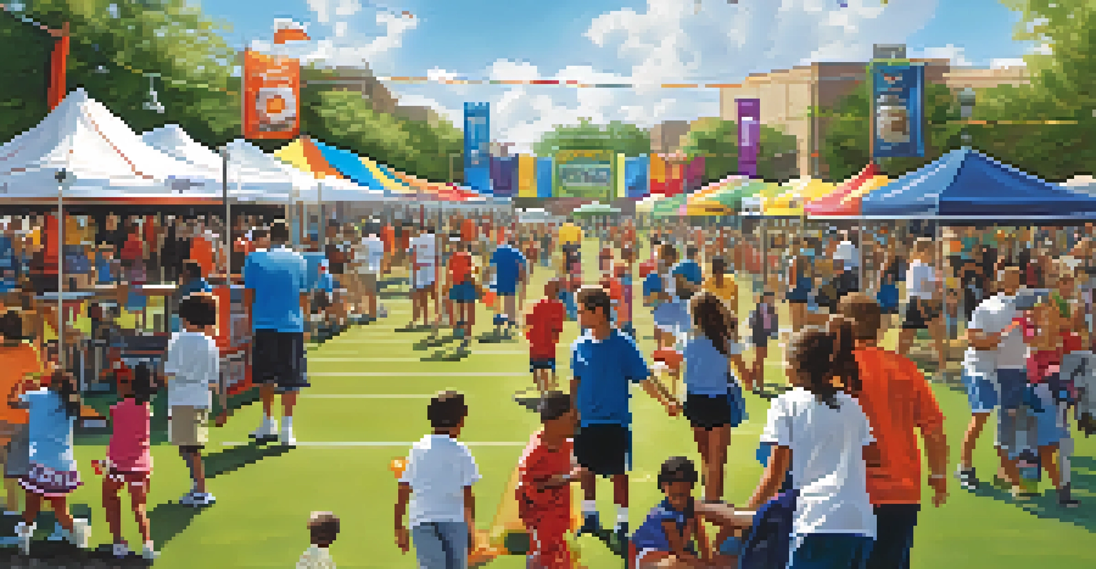 A community event showcasing youth sports with families and children participating in various activities.