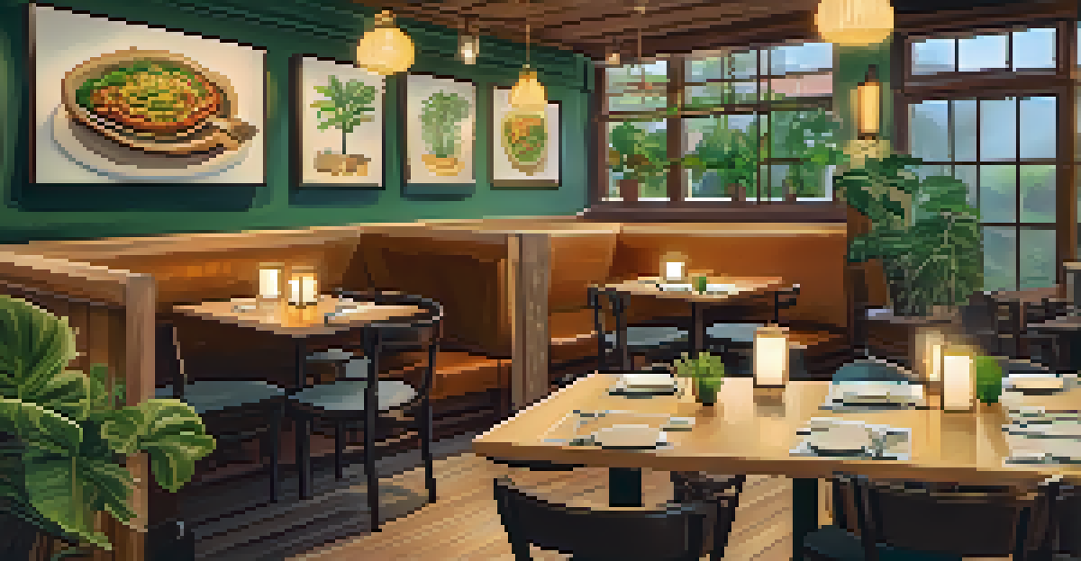 The interior of a cozy vegan restaurant with warm lighting and colorful plant-based dishes on the tables, surrounded by greenery.