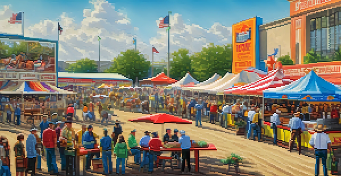 A lively food vendor area at the Houston Livestock Show and Rodeo, featuring a barbecue stall and visitors enjoying various Texas foods.