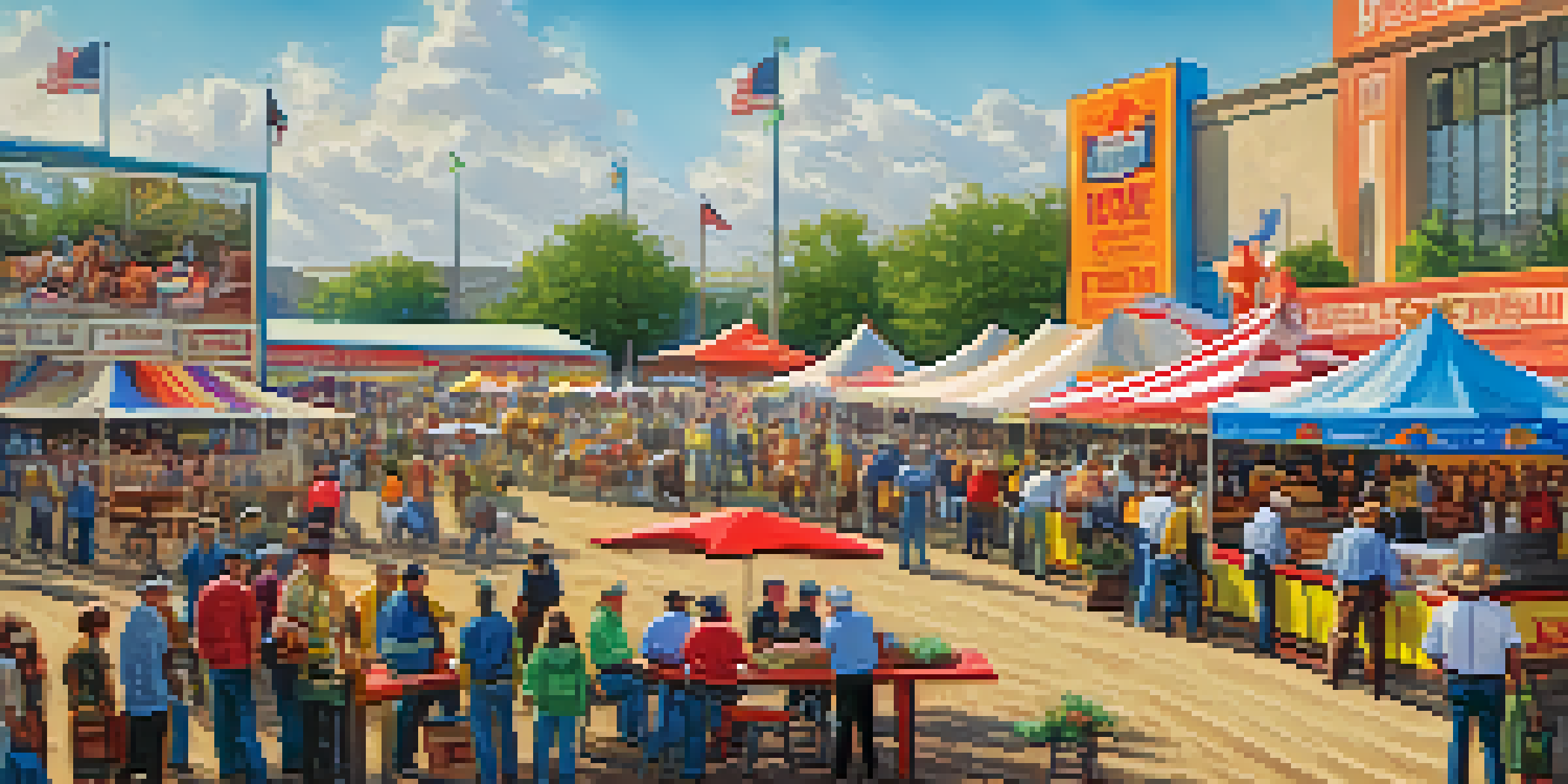 A lively food vendor area at the Houston Livestock Show and Rodeo, featuring a barbecue stall and visitors enjoying various Texas foods.
