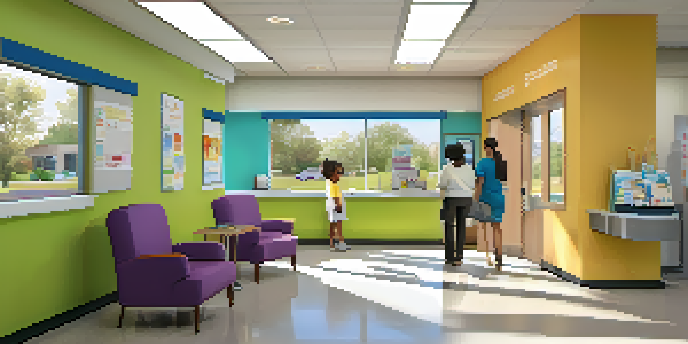 A bright and inviting interior of a community health clinic with a reception area, colorful artwork, and a receptionist assisting patients.