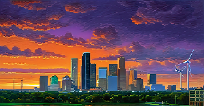 A panoramic view of Houston's skyline at dusk, featuring modern buildings and green parks with solar panels and wind turbines under a colorful sunset.