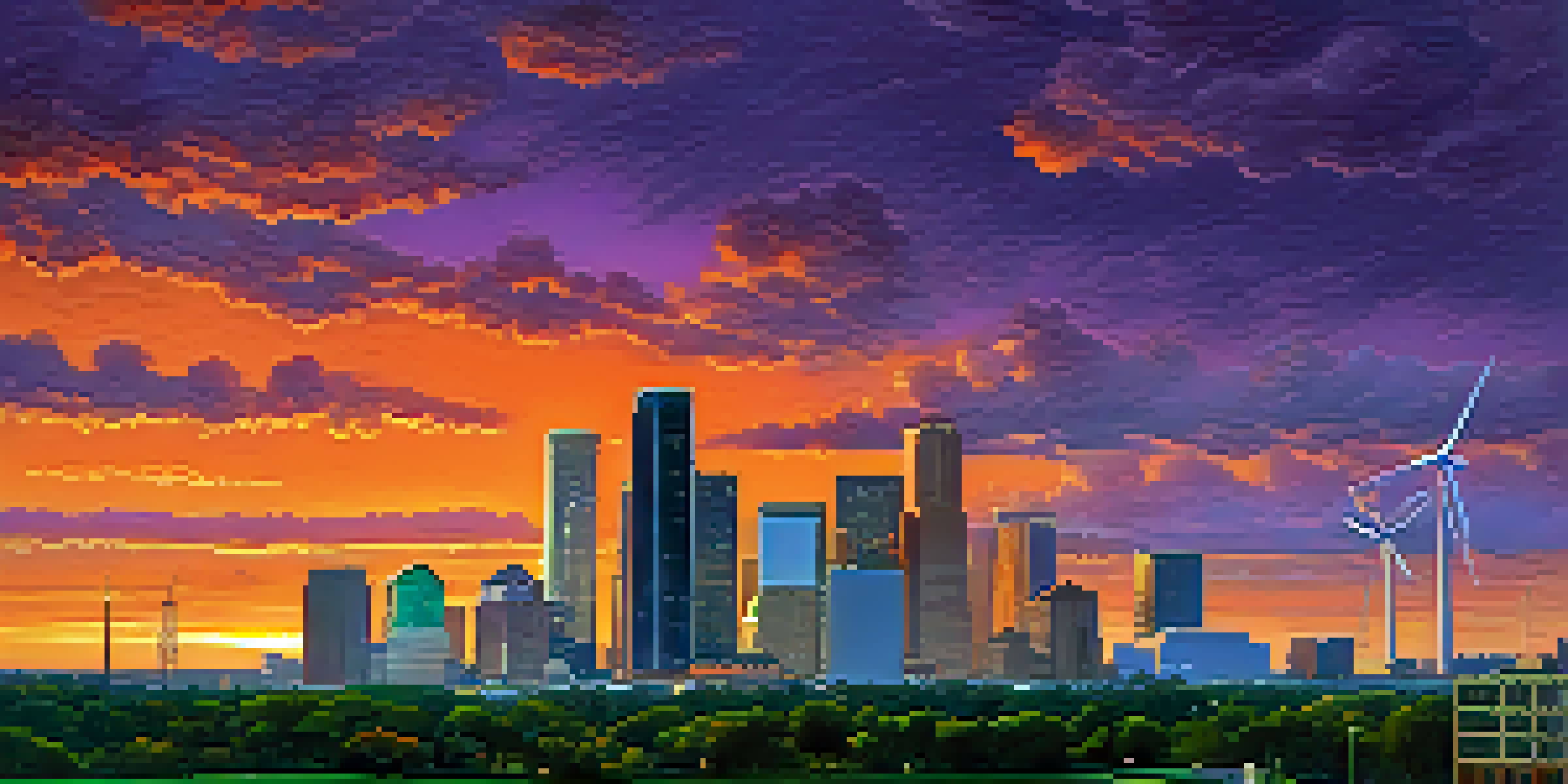 A panoramic view of Houston's skyline at dusk, featuring modern buildings and green parks with solar panels and wind turbines under a colorful sunset.