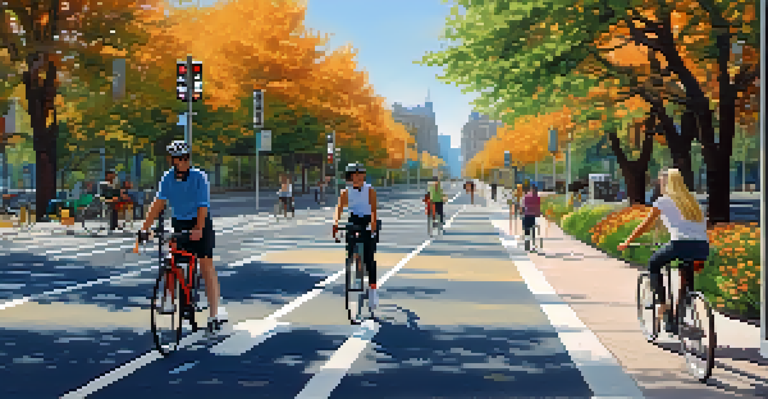 A serene bike lane in an urban setting with cyclists and pedestrians, surrounded by trees and flowers under a clear blue sky.