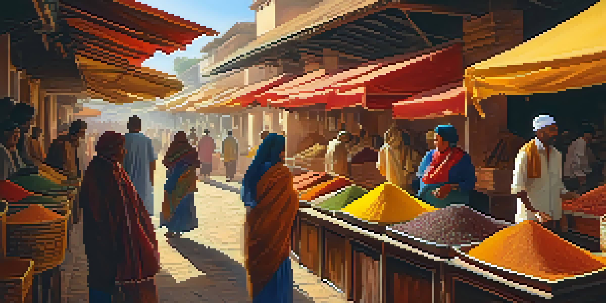 A bustling spice market filled with colorful spices in wooden containers under sunlight.