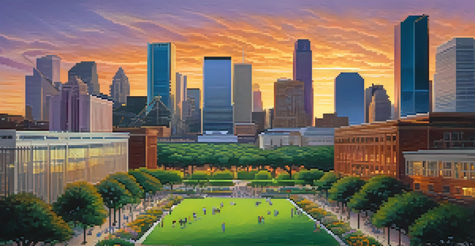 A vibrant sunset view of Houston's skyline with people in a park, showcasing a mix of modern and traditional architecture.