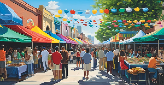 A lively street festival in Houston with colorful food stalls and diverse attendees enjoying music under a sunny sky.