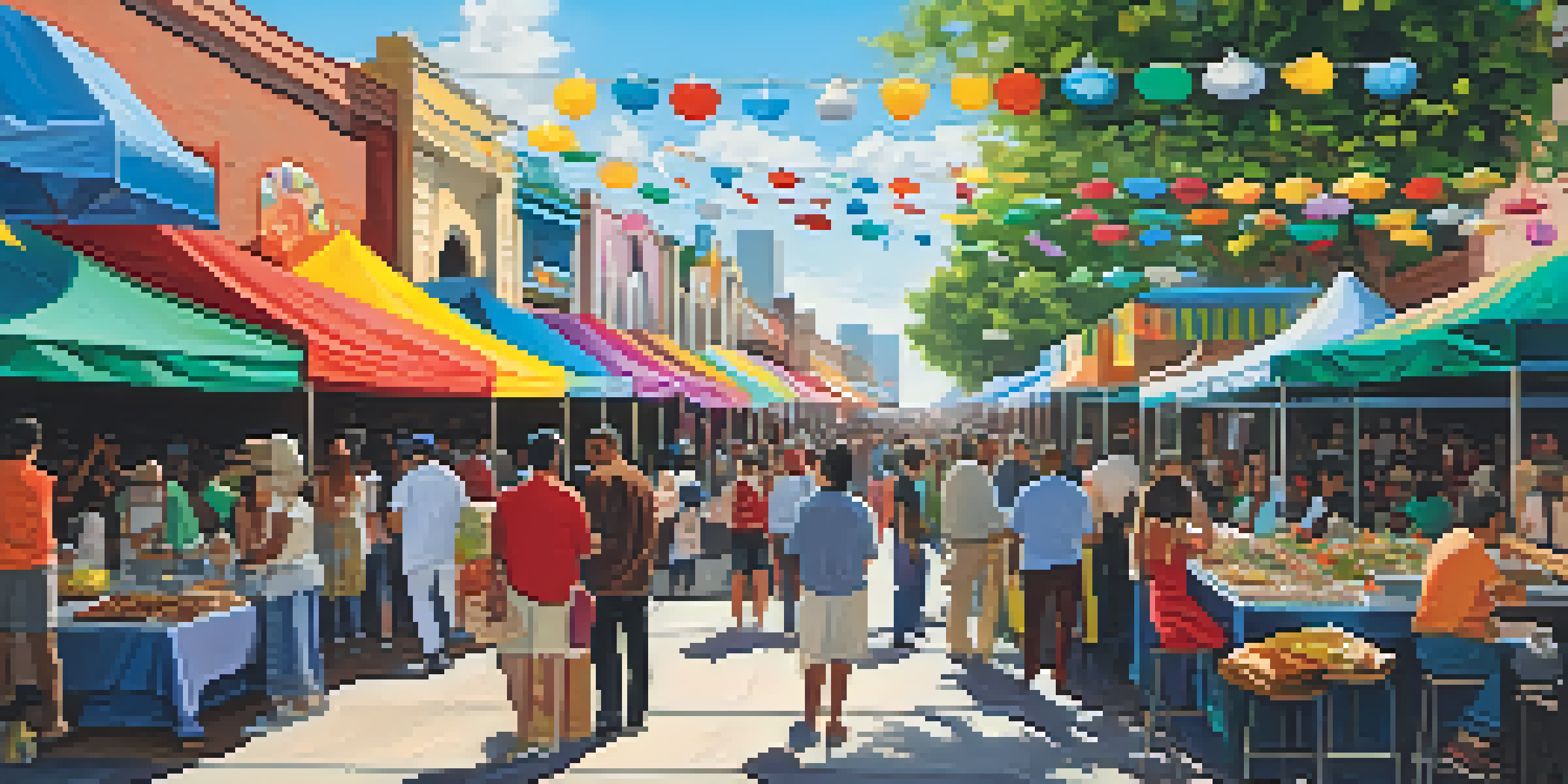 A lively street festival in Houston with colorful food stalls and diverse attendees enjoying music under a sunny sky.