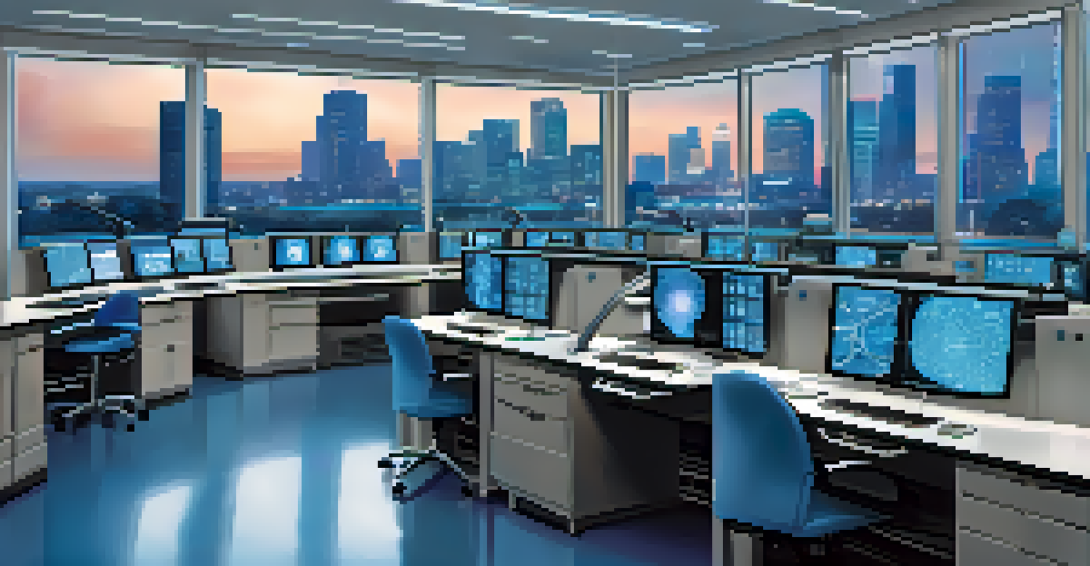 A medical lab in Houston with a healthcare professional analyzing imaging data on screens, surrounded by high-tech equipment.