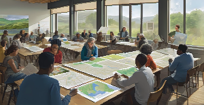 Residents participating in a community workshop, discussing climate adaptation with maps and materials on tables.