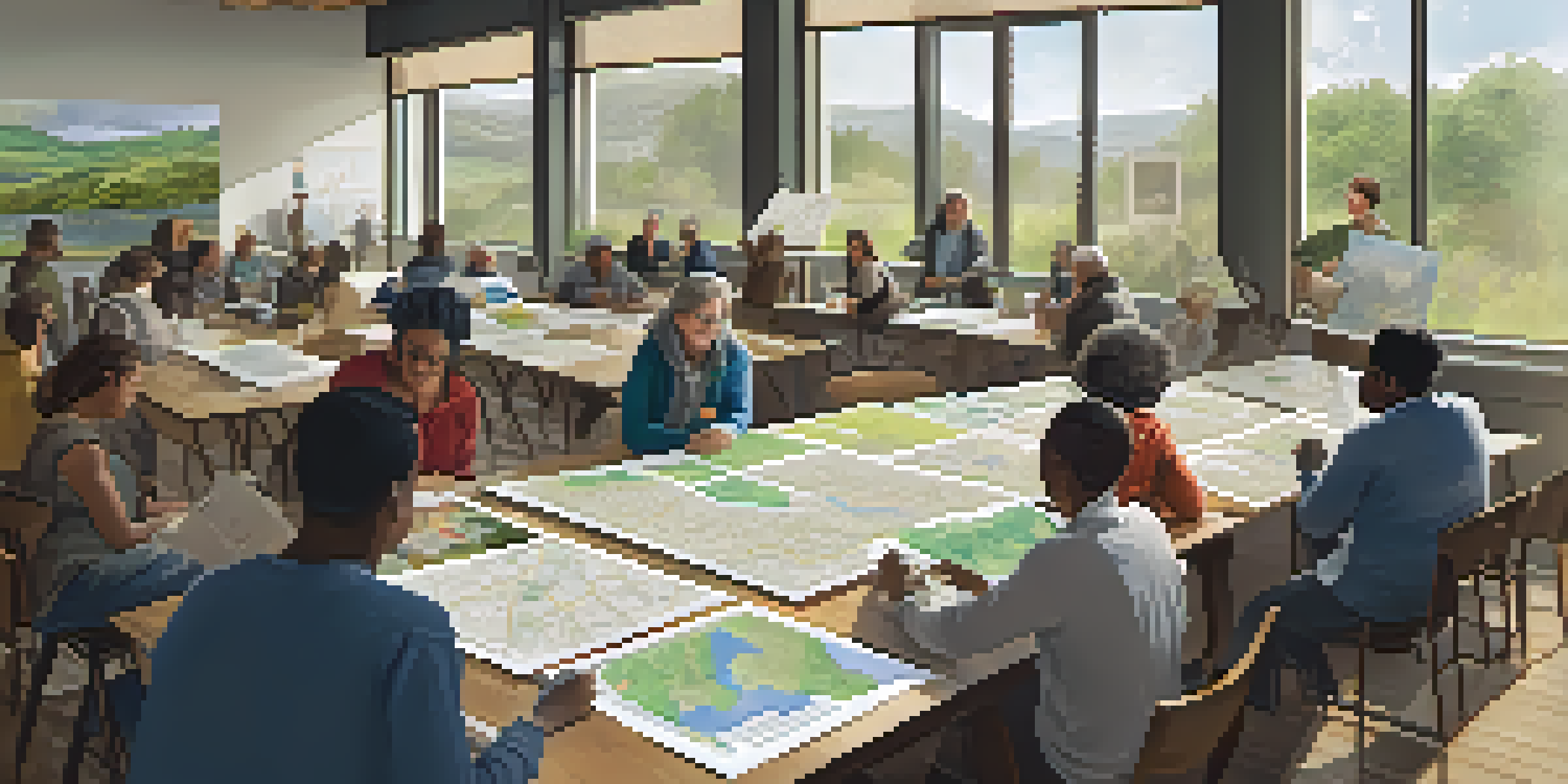 Residents participating in a community workshop, discussing climate adaptation with maps and materials on tables.