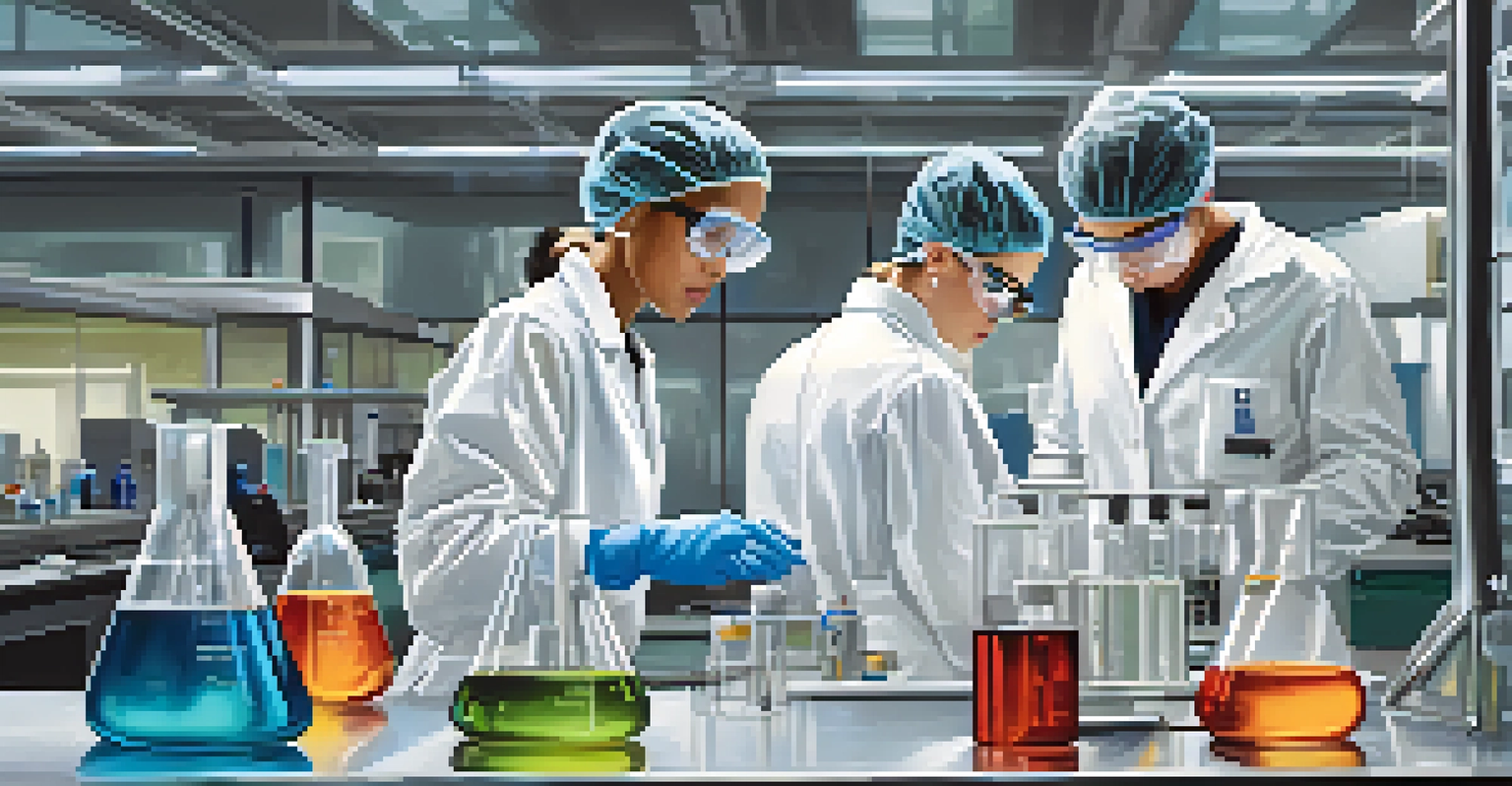 Students in a university research lab conducting experiments, surrounded by advanced equipment and vibrant liquids in glassware.