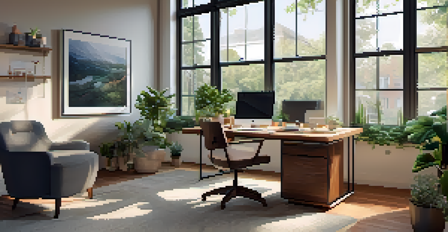 A cozy home office filled with natural light, featuring a modern desk setup with plants and personal decor.
