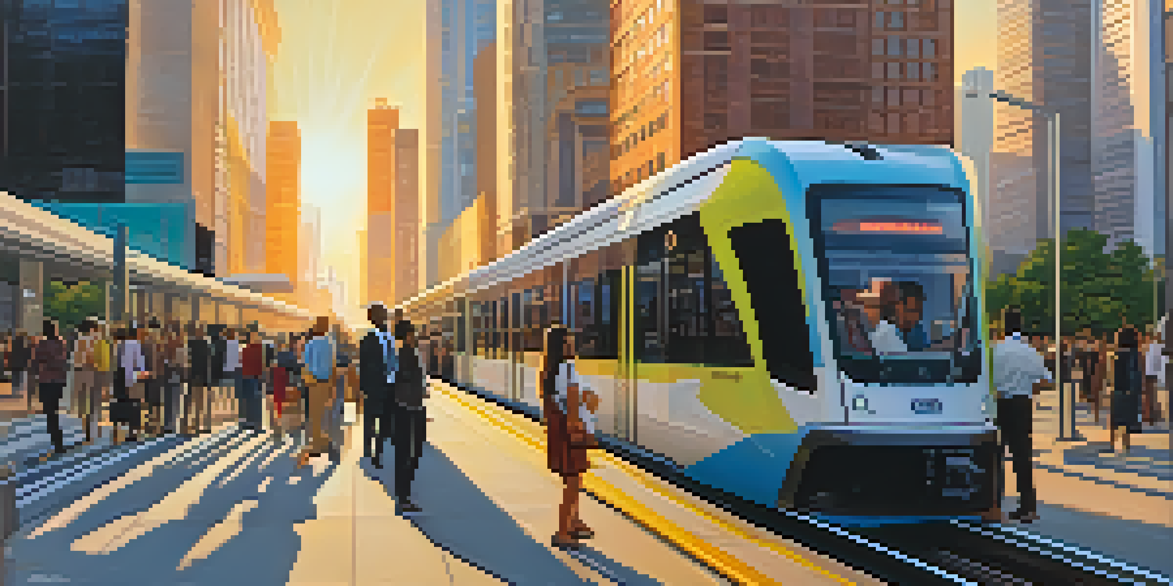A busy urban scene in Houston during rush hour with commuters at a light rail station and a train arriving.