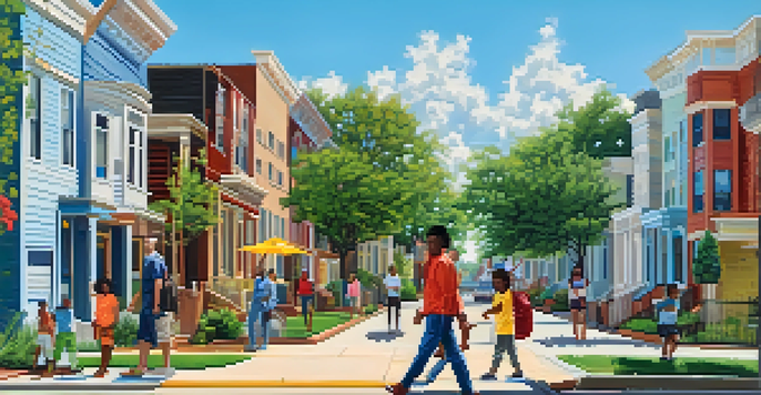 Diverse families walking in a Houston neighborhood with colorful townhouses and greenery.