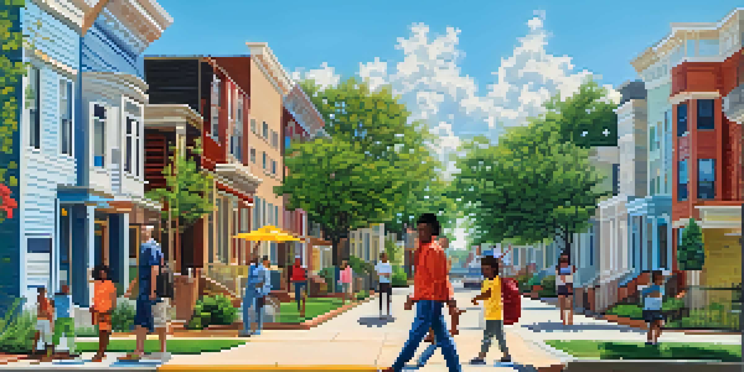 Diverse families walking in a Houston neighborhood with colorful townhouses and greenery.