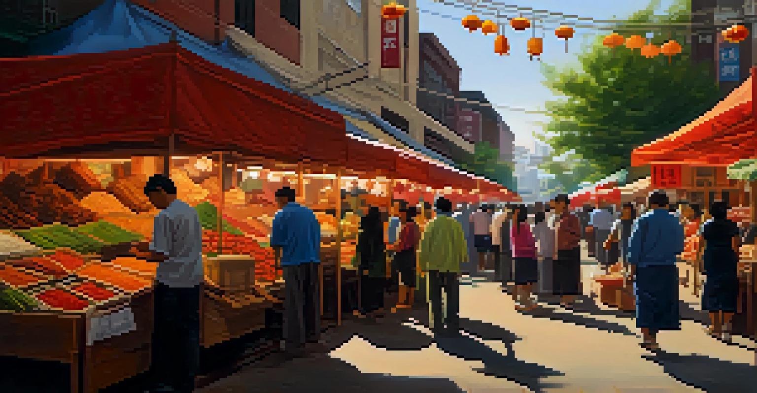 A busy outdoor market in Houston's Chinatown featuring colorful stalls and shoppers browsing Asian foods and goods.