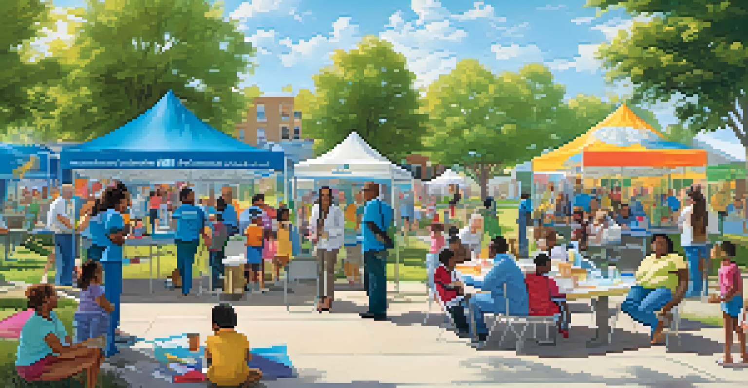 Healthcare professionals engaging with families in a community park, providing health screenings and education.