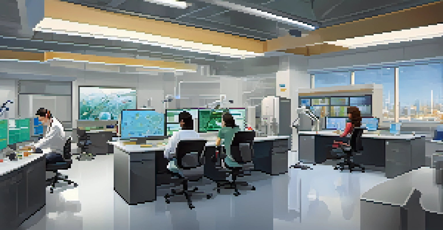 A diverse group of scientists collaborating in a modern research lab filled with advanced technology.