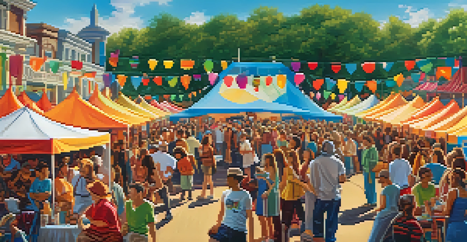 A lively outdoor festival with artists painting murals and a diverse crowd enjoying the vibrant atmosphere.