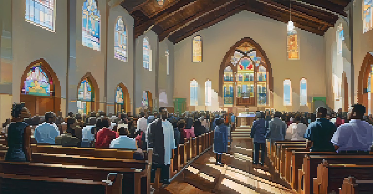 Interior view of a historic African American church in Houston, showing people attending a community meeting with stained glass windows and rich wood textures.